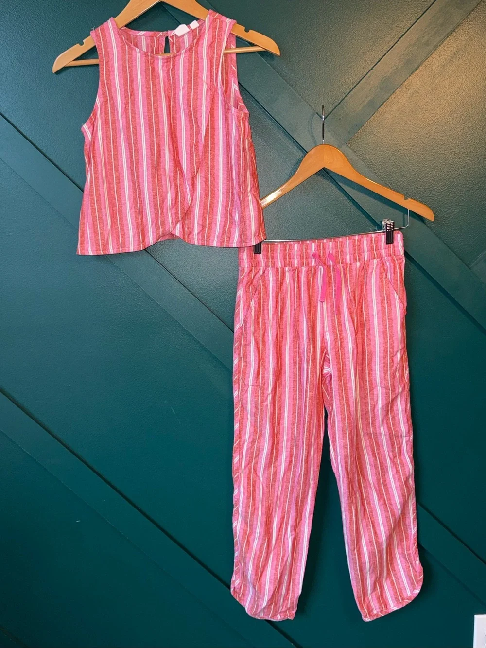 Girls Pink Striped 2-Piece Linen Blend Outfit Sleeveless